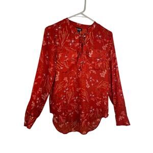 ANA blouse tunic women's small red crimson semi sheer floral boho tie front